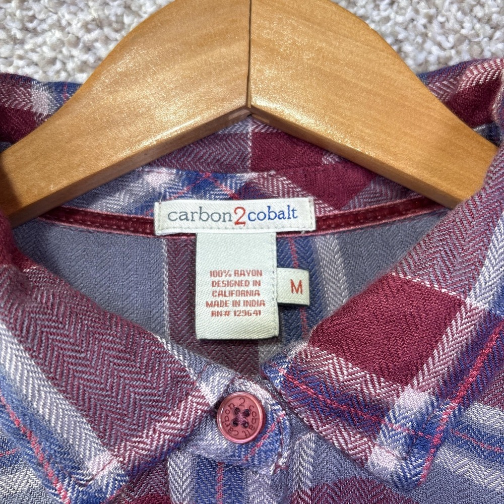 Carbon2cobalt‎ Shirt Womens Medium Red Gray Plaid Button Up Long Sleeve Rayon